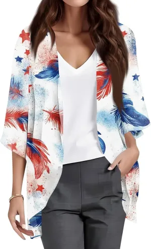 Women's Floral Print Puff Sleeve Kimono Cardigan Loose Cover Up Casual Blouse Tops
