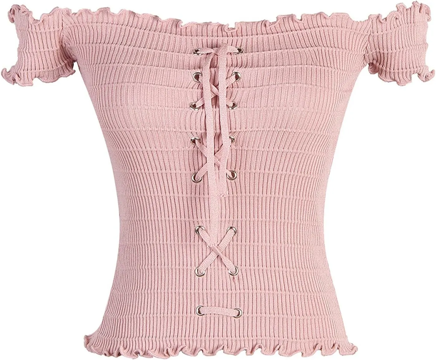 Womens Going Out Tee Shirts Summer Sexy Lace Up Front Off The Shoulder Crop Tops Solid Color Fashion Slim Fit Blouse
