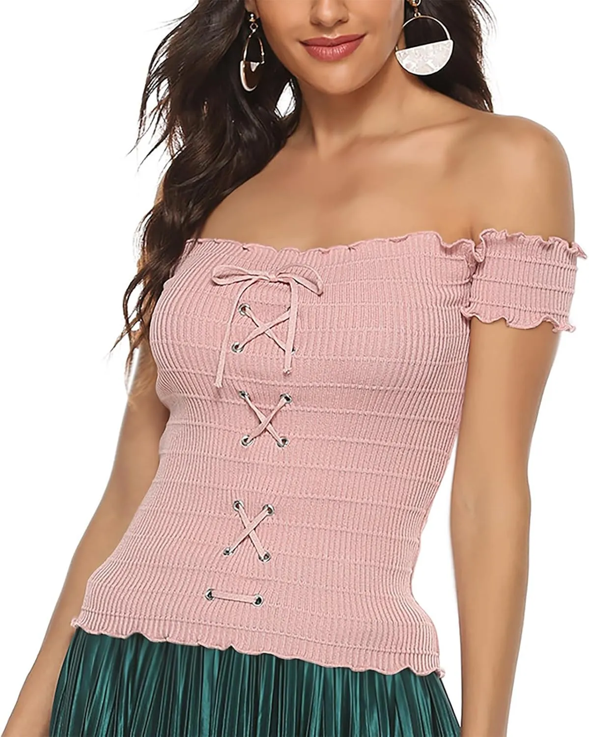 Womens Going Out Tee Shirts Summer Sexy Lace Up Front Off The Shoulder Crop Tops Solid Color Fashion Slim Fit Blouse