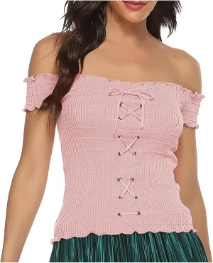 Womens Going Out Tee Shirts Summer Sexy Lace Up Front Off The Shoulder Crop Tops Solid Color Fashion Slim Fit Blouse