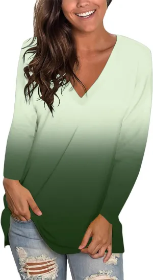 Women's Gradient Color V-Neck Long-Sleeved Top Slim Fit Tshirt Soft Comfortable Blouse Casual Loose Hem Slit Pullover