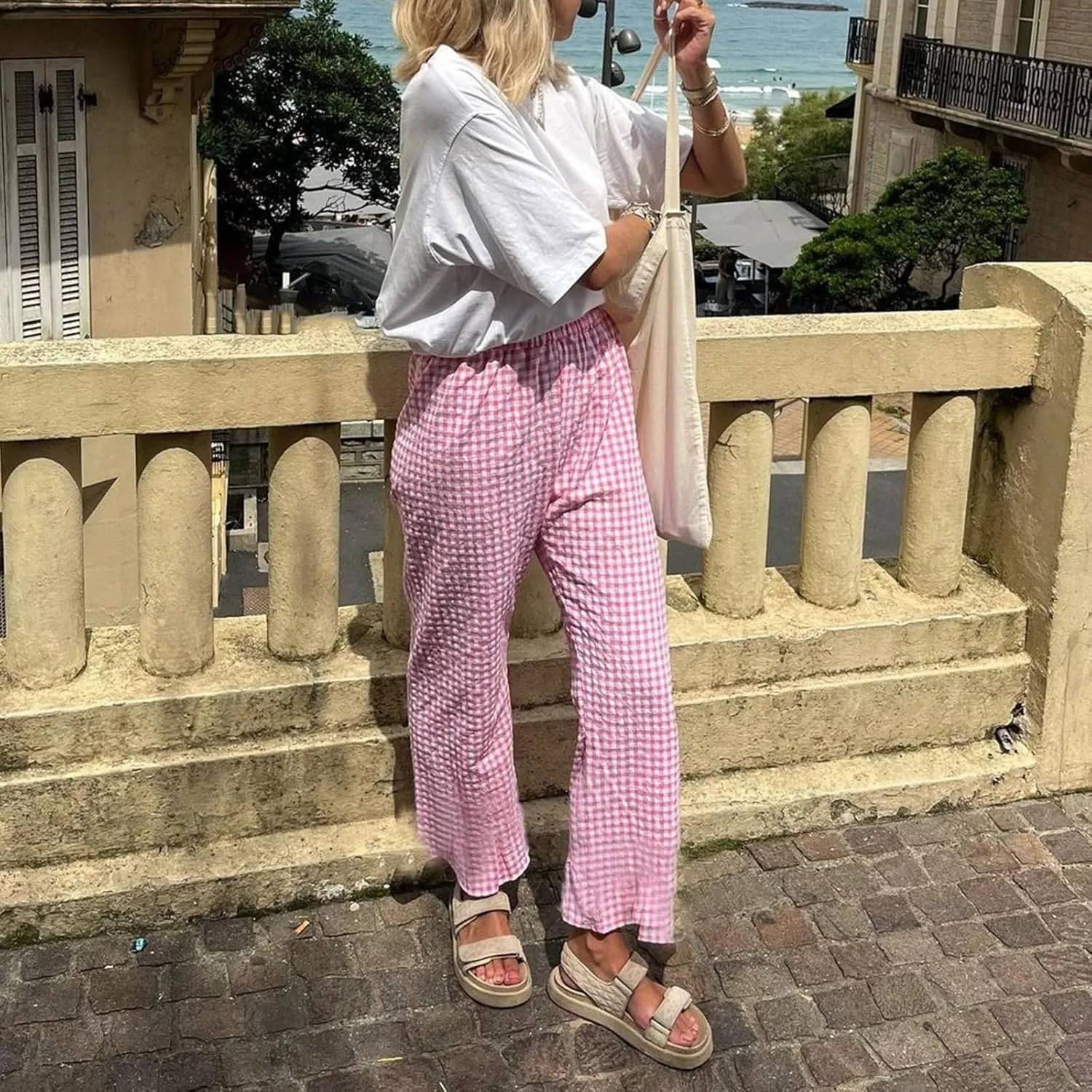 Women's High Waist Gingham Long Pants Drawstring Elastic Waist Plaid Straight Leg Trousers Y2K Pj Bottoms
