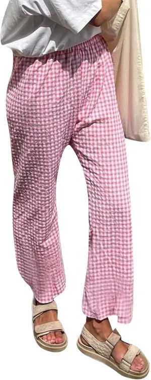 Women's High Waist Gingham Long Pants Drawstring Elastic Waist Plaid Straight Leg Trousers Y2K Pj Bottoms