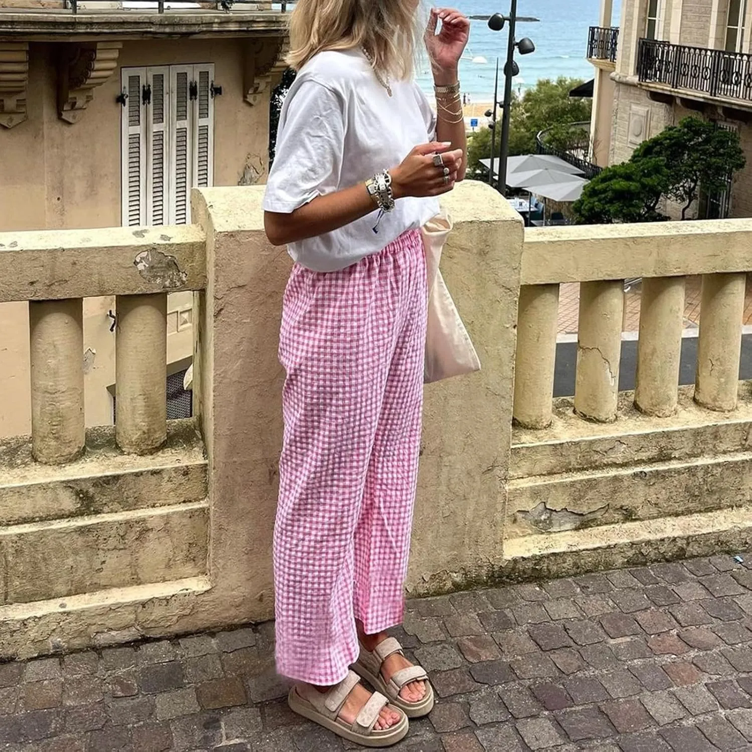 Women's High Waist Gingham Long Pants Drawstring Elastic Waist Plaid Straight Leg Trousers Y2K Pj Bottoms
