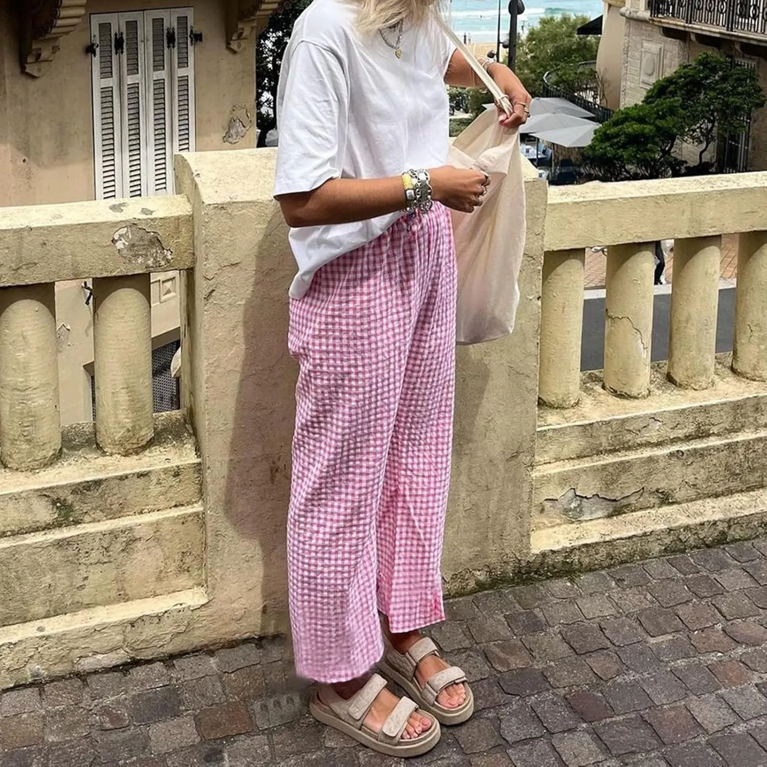 Women's High Waist Gingham Long Pants Drawstring Elastic Waist Plaid Straight Leg Trousers Y2K Pj Bottoms