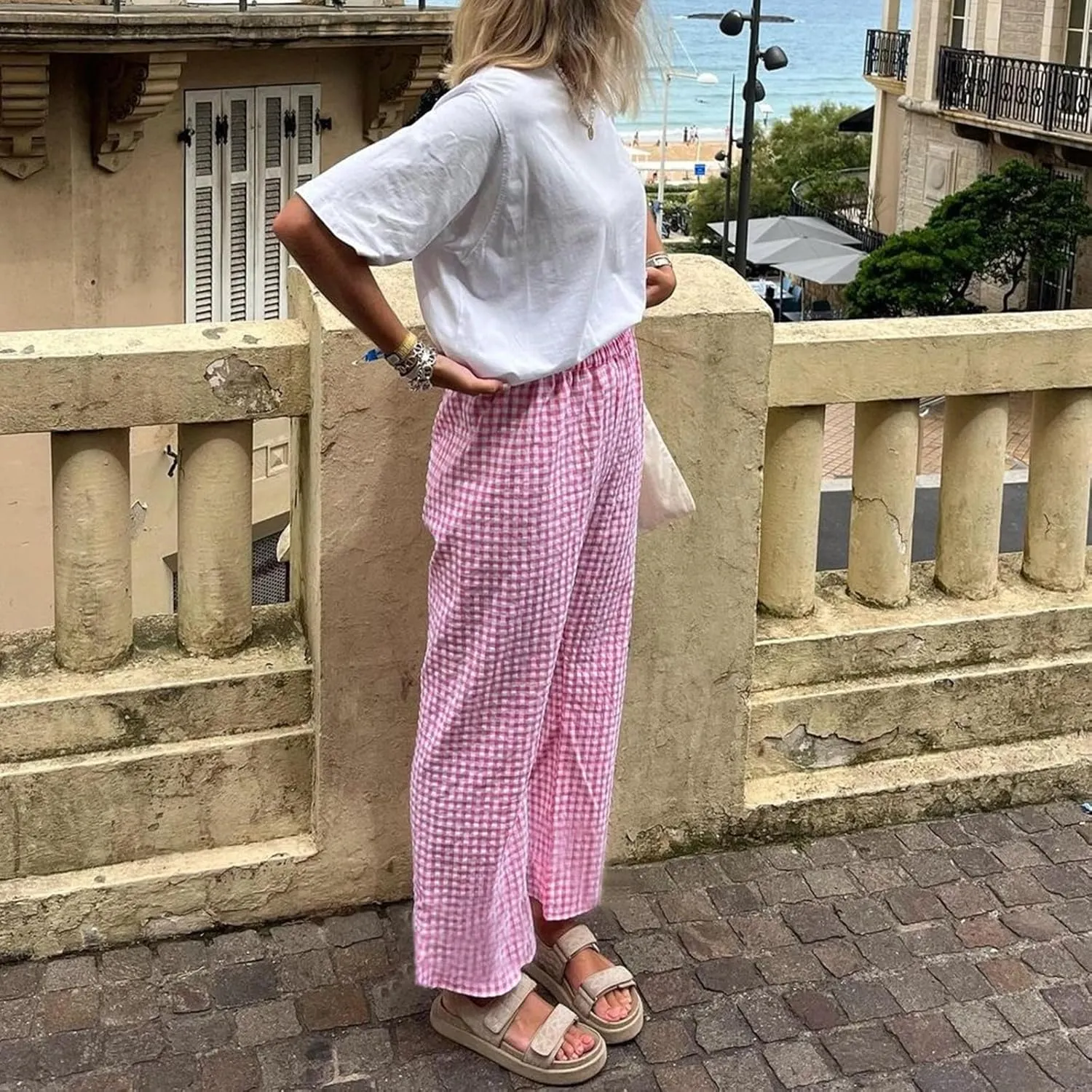 Women's High Waist Gingham Long Pants Drawstring Elastic Waist Plaid Straight Leg Trousers Y2K Pj Bottoms
