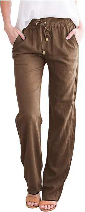 Women's High Waisted Linen Pants Casual Summer Pants Plus Size Lounge Pants Lightweight Comfy Pants Drawstring Trouser