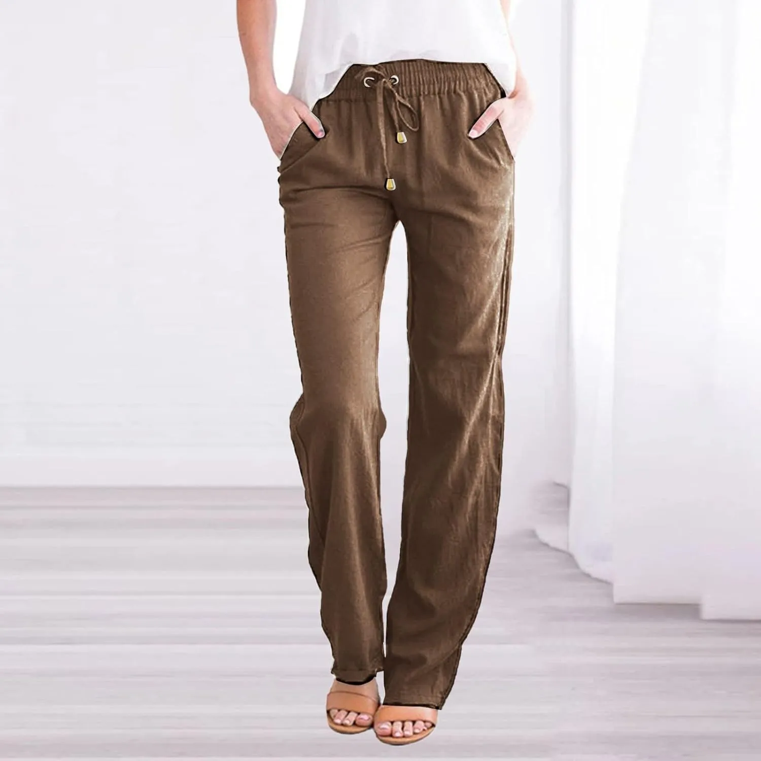 Women's High Waisted Linen Pants Casual Summer Pants Plus Size Lounge Pants Lightweight Comfy Pants Drawstring Trouser
