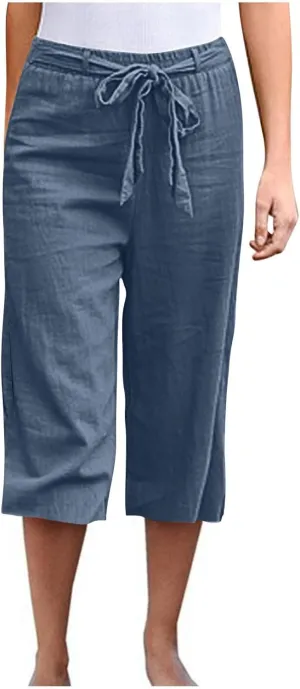 Women's Imitation Cotton and Linen Pants Elastic Waist Drawstring Capri Pants with Pockets Straight Leg Trousers