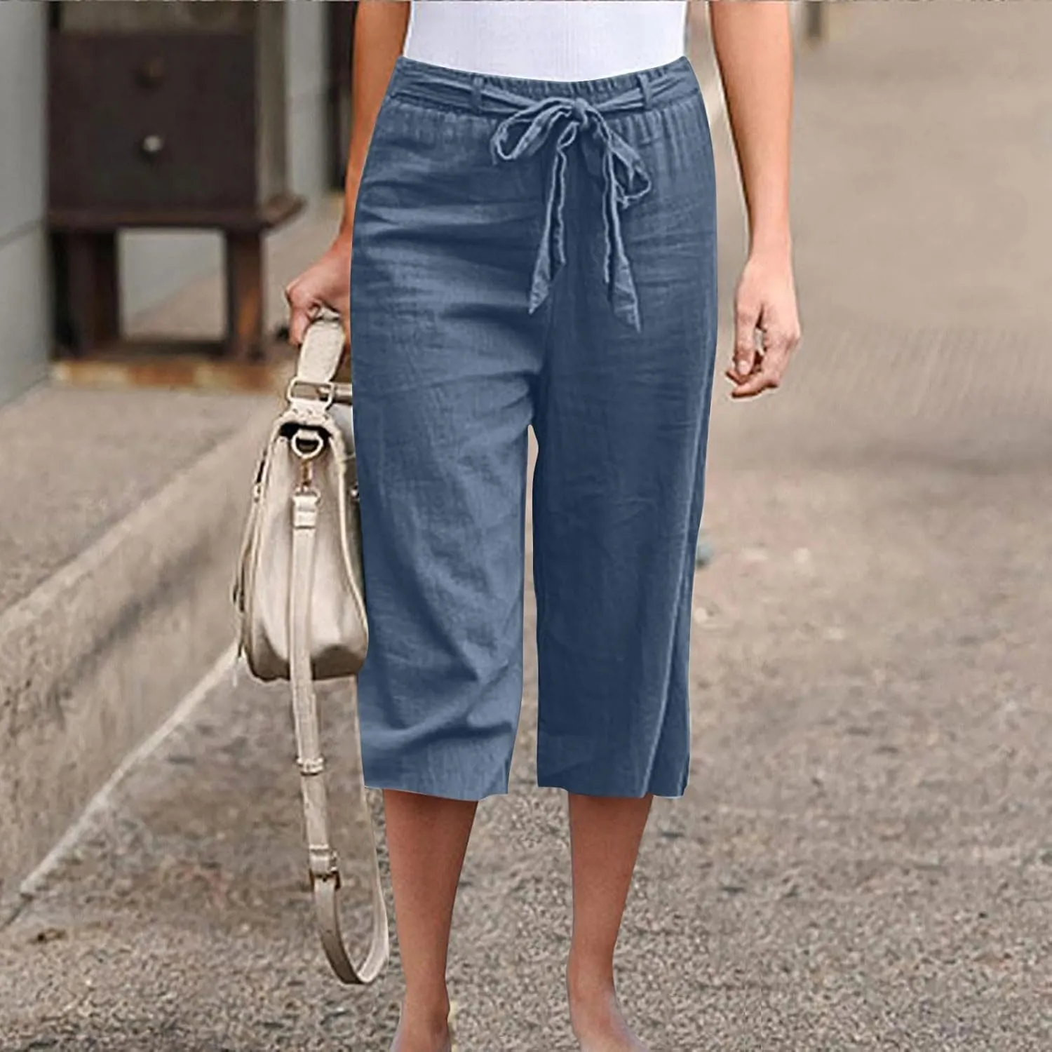 Women's Imitation Cotton and Linen Pants Elastic Waist Drawstring Capri Pants with Pockets Straight Leg Trousers