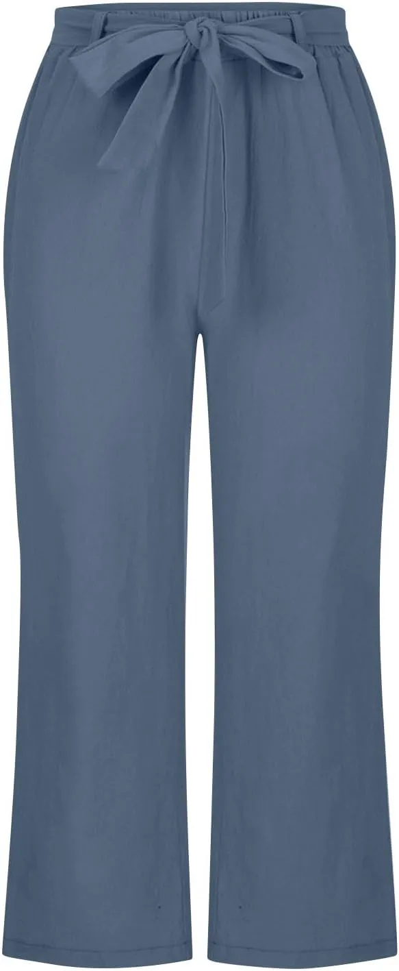 Women's Imitation Cotton and Linen Pants Elastic Waist Drawstring Capri Pants with Pockets Straight Leg Trousers
