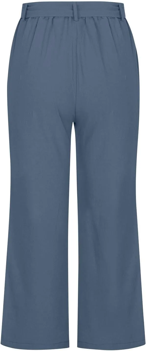 Women's Imitation Cotton and Linen Pants Elastic Waist Drawstring Capri Pants with Pockets Straight Leg Trousers