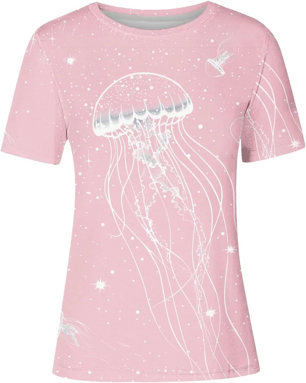 Women's Jellyfish Print Cute Summer T Shirts Short Sleeve Basic Casual Crewneck Tops Loose Fit Blouse Workout Clothes