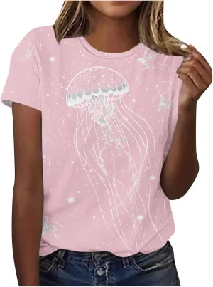 Women's Jellyfish Print Cute Summer T Shirts Short Sleeve Basic Casual Crewneck Tops Loose Fit Blouse Workout Clothes