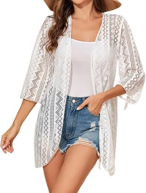Women's Lace Hollow Out Sheer Short Sleeve Open Front Kimono Cardigan Summer Casual Loose Fit Beach Swimwear Cover Ups