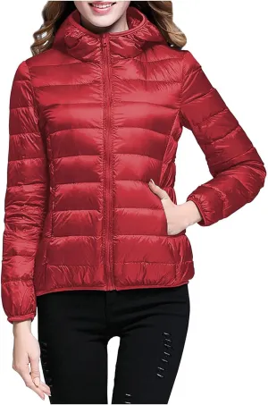 Womens Lightweight Down Jacket Duck Winter Puffer Coats Zipper Hooded Packable Waterproof Warm Winter Outerwear