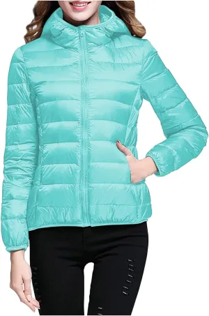 Womens Lightweight Down Jacket Duck Winter Puffer Coats Zipper Hooded Packable Waterproof Warm Winter Outerwear