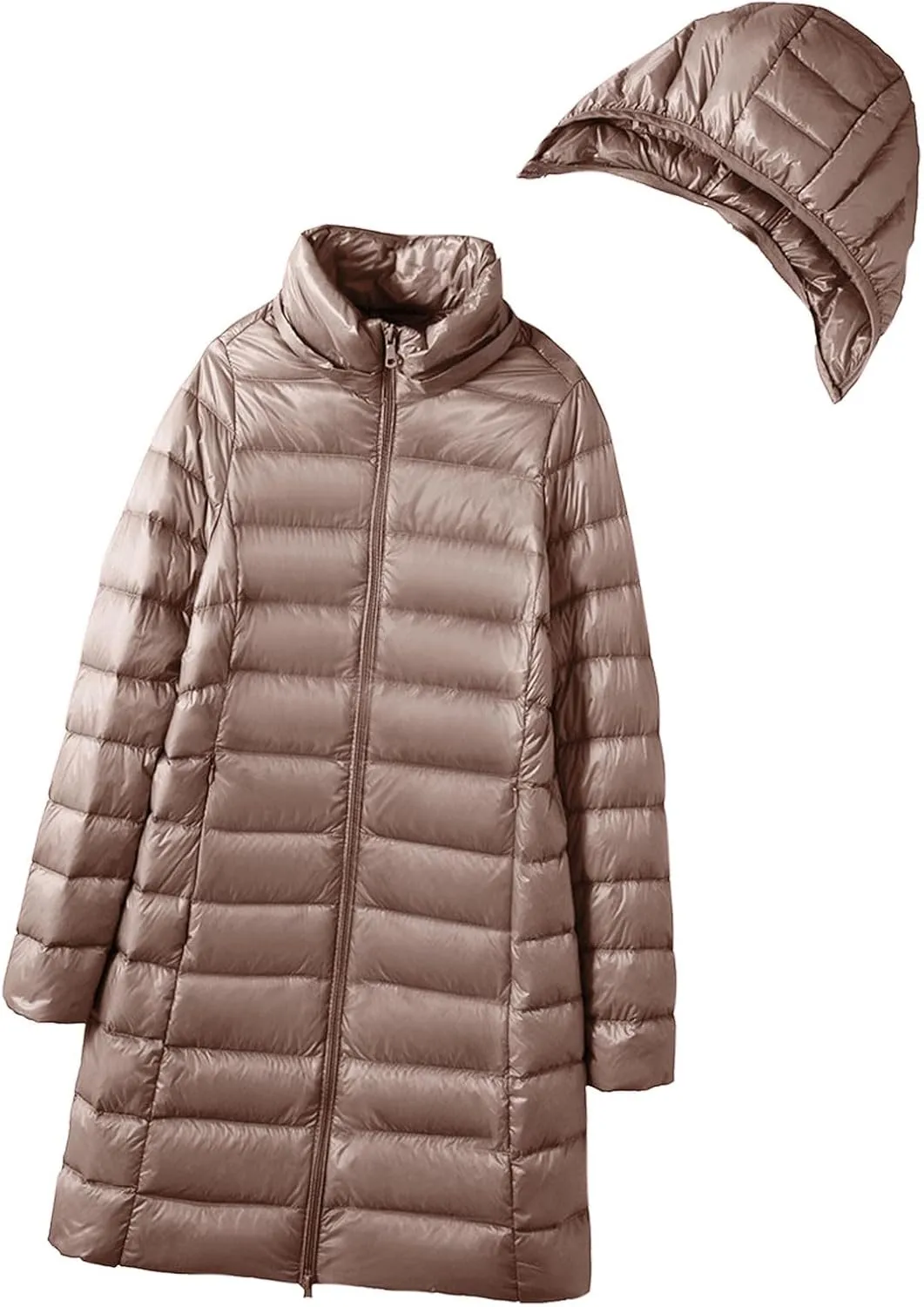Women's Lightweight Down Jacket Zip Up Plus Size Hooded Quilted Puffer Jackets Mid-Length Winter Coats