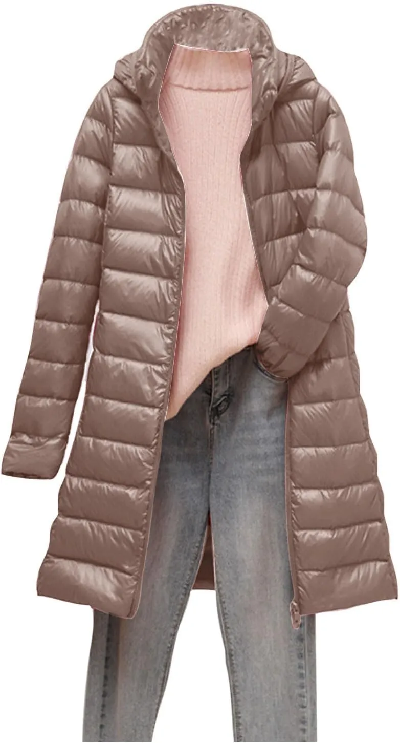 Women's Lightweight Down Jacket Zip Up Plus Size Hooded Quilted Puffer Jackets Mid-Length Winter Coats