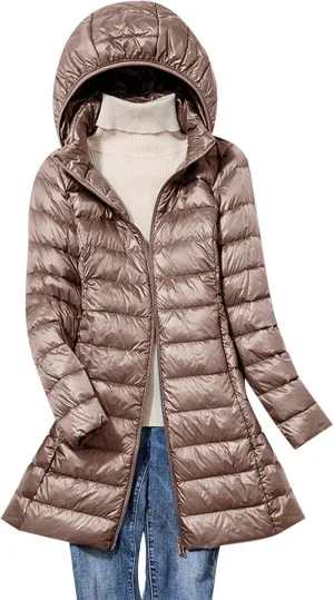 Women's Lightweight Down Jacket Zip Up Plus Size Hooded Quilted Puffer Jackets Mid-Length Winter Coats