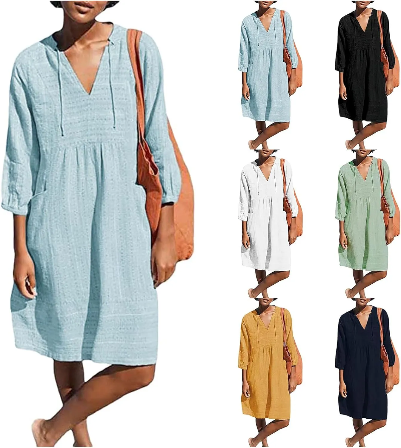 Womens Linen Casual Dress Loose Shift Tunic Smock Summer Dresses V Neck 3/4 Sleeve Dress Beach Vacation Dresses