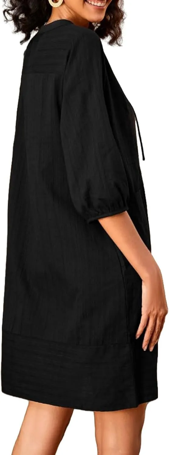 Womens Linen Casual Dress Loose Shift Tunic Smock Summer Dresses V Neck 3/4 Sleeve Dress Beach Vacation Dresses