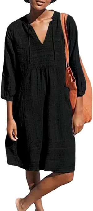 Womens Linen Casual Dress Loose Shift Tunic Smock Summer Dresses V Neck 3/4 Sleeve Dress Beach Vacation Dresses