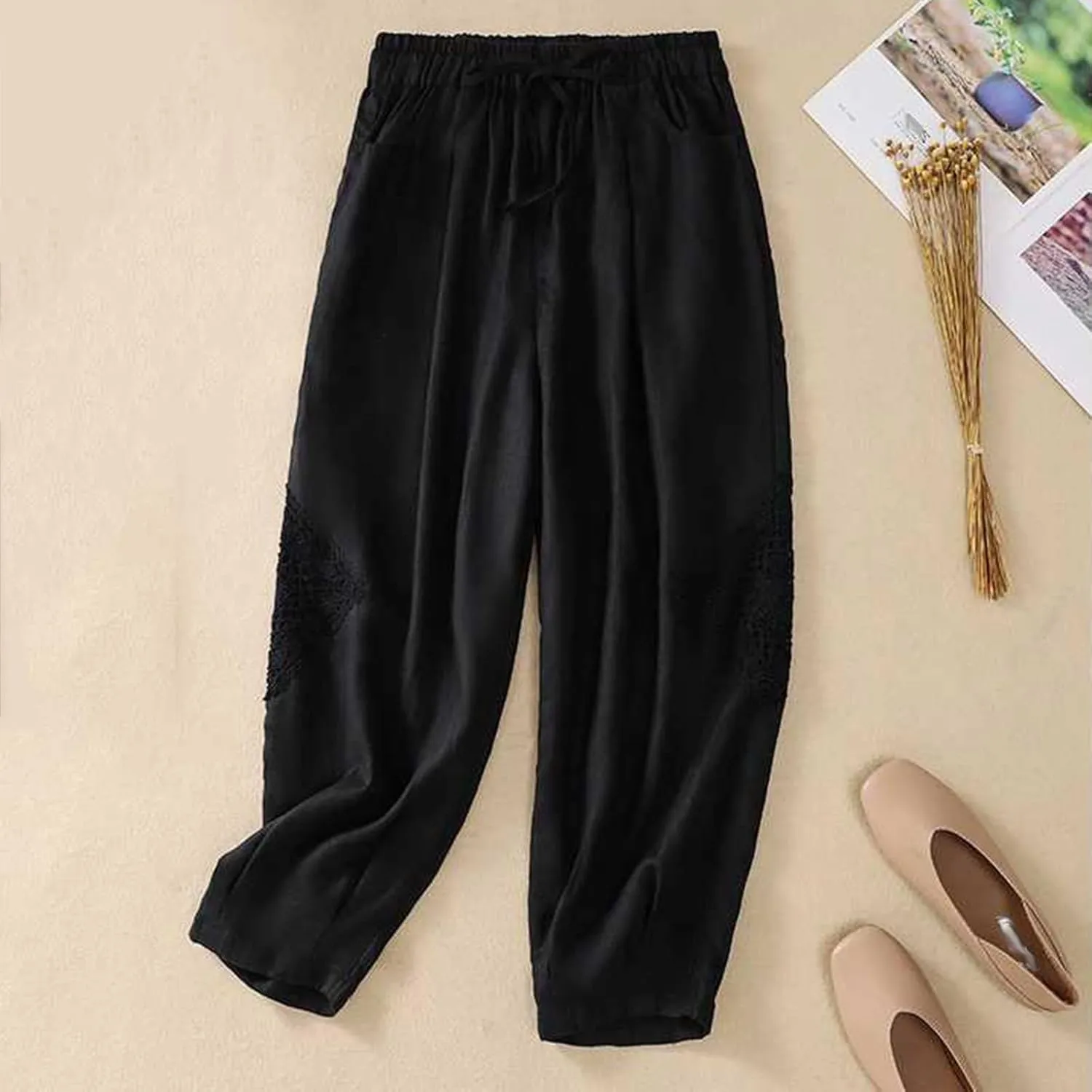 Womens Linen Lounge Trousers Solid Color Loose Straight Leg Pants Plus Size Elastic Waist Casual Trousers Daily Pants