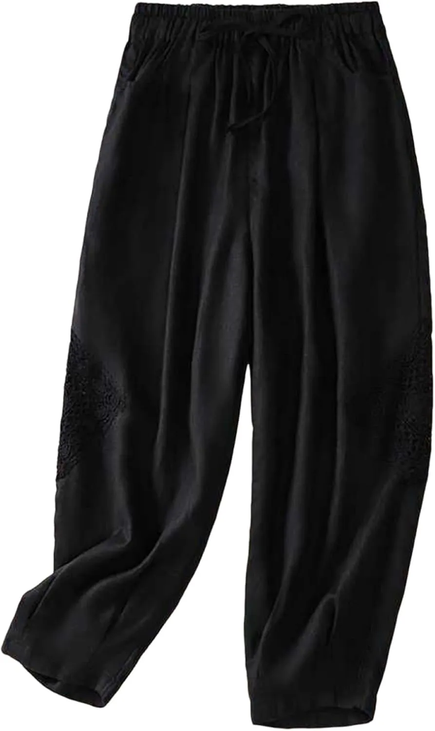 Womens Linen Lounge Trousers Solid Color Loose Straight Leg Pants Plus Size Elastic Waist Casual Trousers Daily Pants