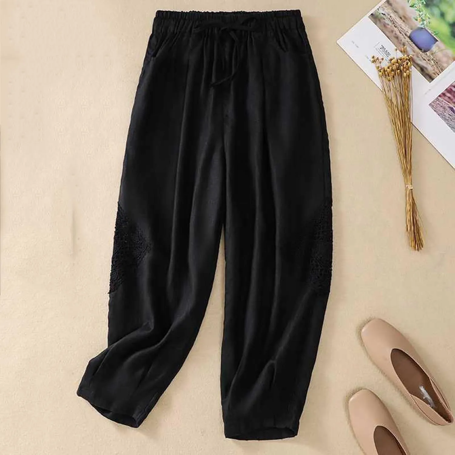 Womens Linen Lounge Trousers Solid Color Loose Straight Leg Pants Plus Size Elastic Waist Casual Trousers Daily Pants