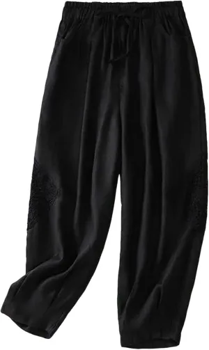 Womens Linen Lounge Trousers Solid Color Loose Straight Leg Pants Plus Size Elastic Waist Casual Trousers Daily Pants