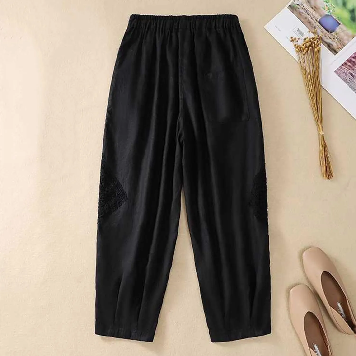 Womens Linen Lounge Trousers Solid Color Loose Straight Leg Pants Plus Size Elastic Waist Casual Trousers Daily Pants
