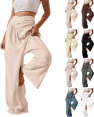 Womens Linen Pants Flowy Crossover Wide Leg Pants Palazzo Pants with Pockets High Waisted Summer Beach Pants 2024
