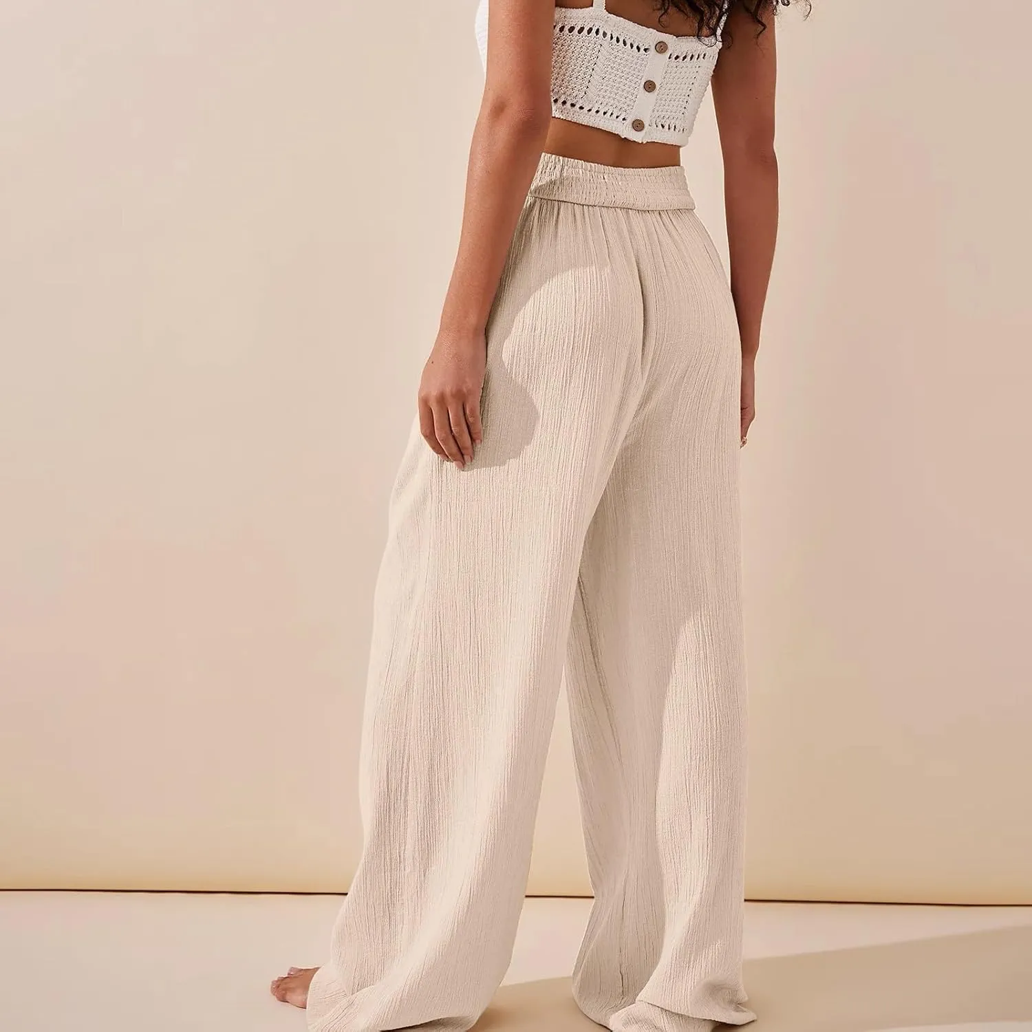 Womens Linen Pants Flowy Crossover Wide Leg Pants Palazzo Pants with Pockets High Waisted Summer Beach Pants 2024