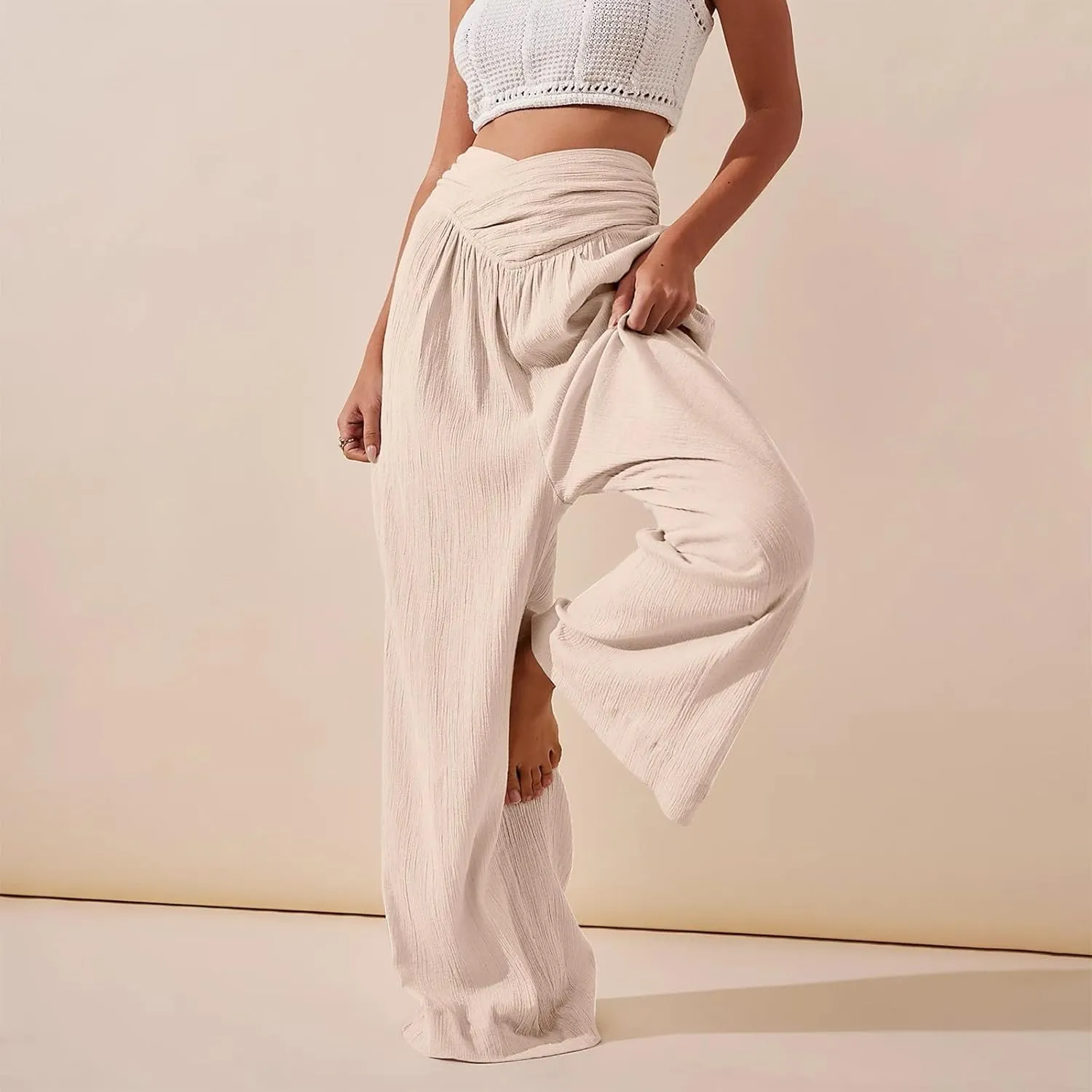 Womens Linen Pants Flowy Crossover Wide Leg Pants Palazzo Pants with Pockets High Waisted Summer Beach Pants 2024
