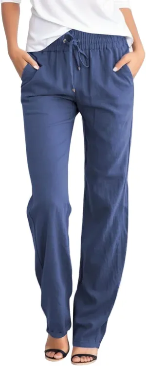 Womens Linen Pants High Waisted Casual Pants Straight Leg Drawstring Pants with Pockets Summer Beach Palazzo Pants Trousers