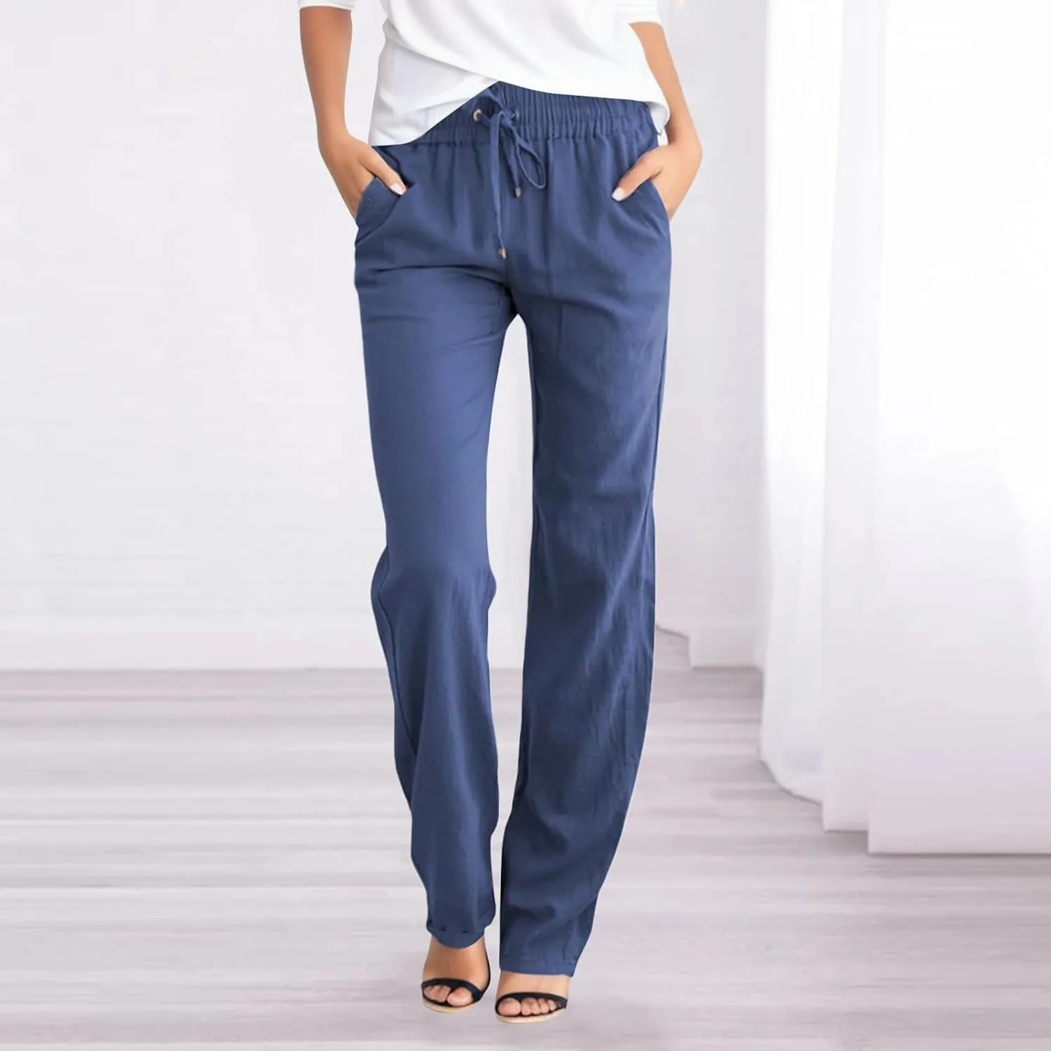 Womens Linen Pants High Waisted Casual Pants Straight Leg Drawstring Pants with Pockets Summer Beach Palazzo Pants Trousers