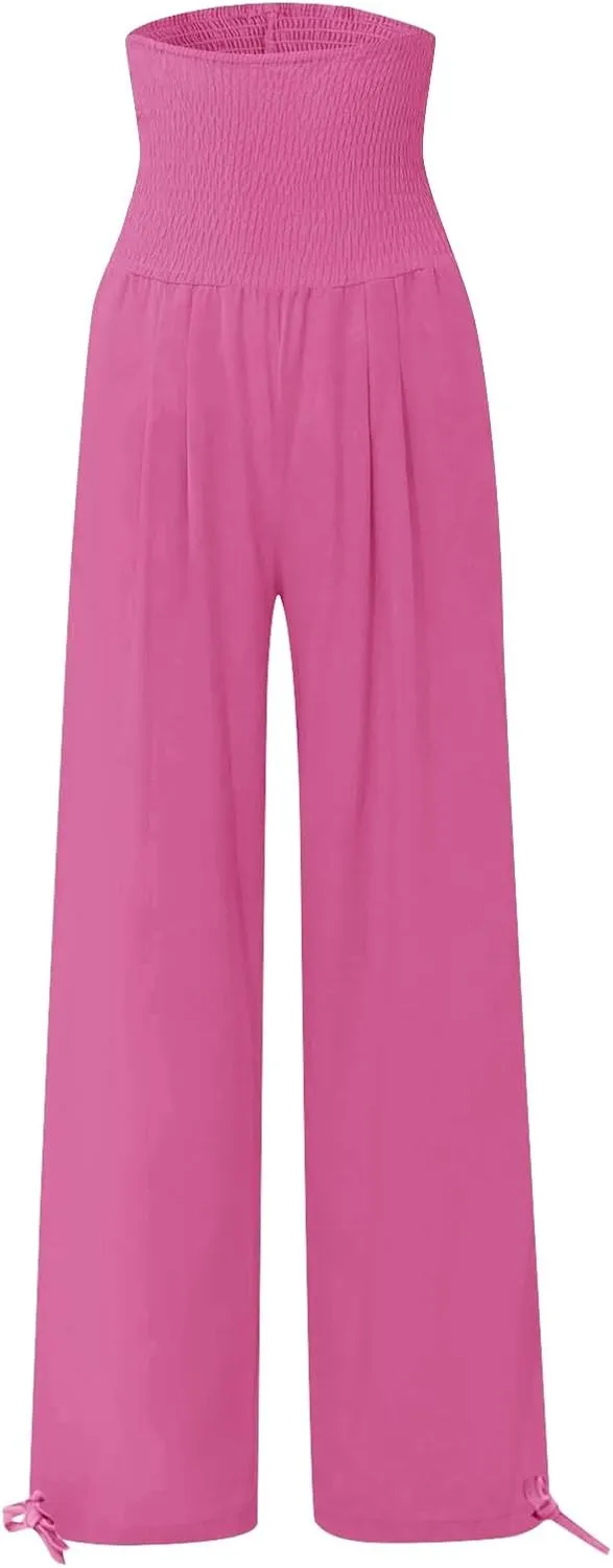 Womens Linen Pants Smocked Waisted Wide Leg Pants Summer Casual Beach Pants Baggy Comfy Yoga Pants with Pockets