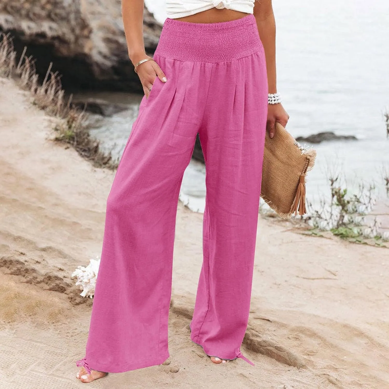 Womens Linen Pants Smocked Waisted Wide Leg Pants Summer Casual Beach Pants Baggy Comfy Yoga Pants with Pockets