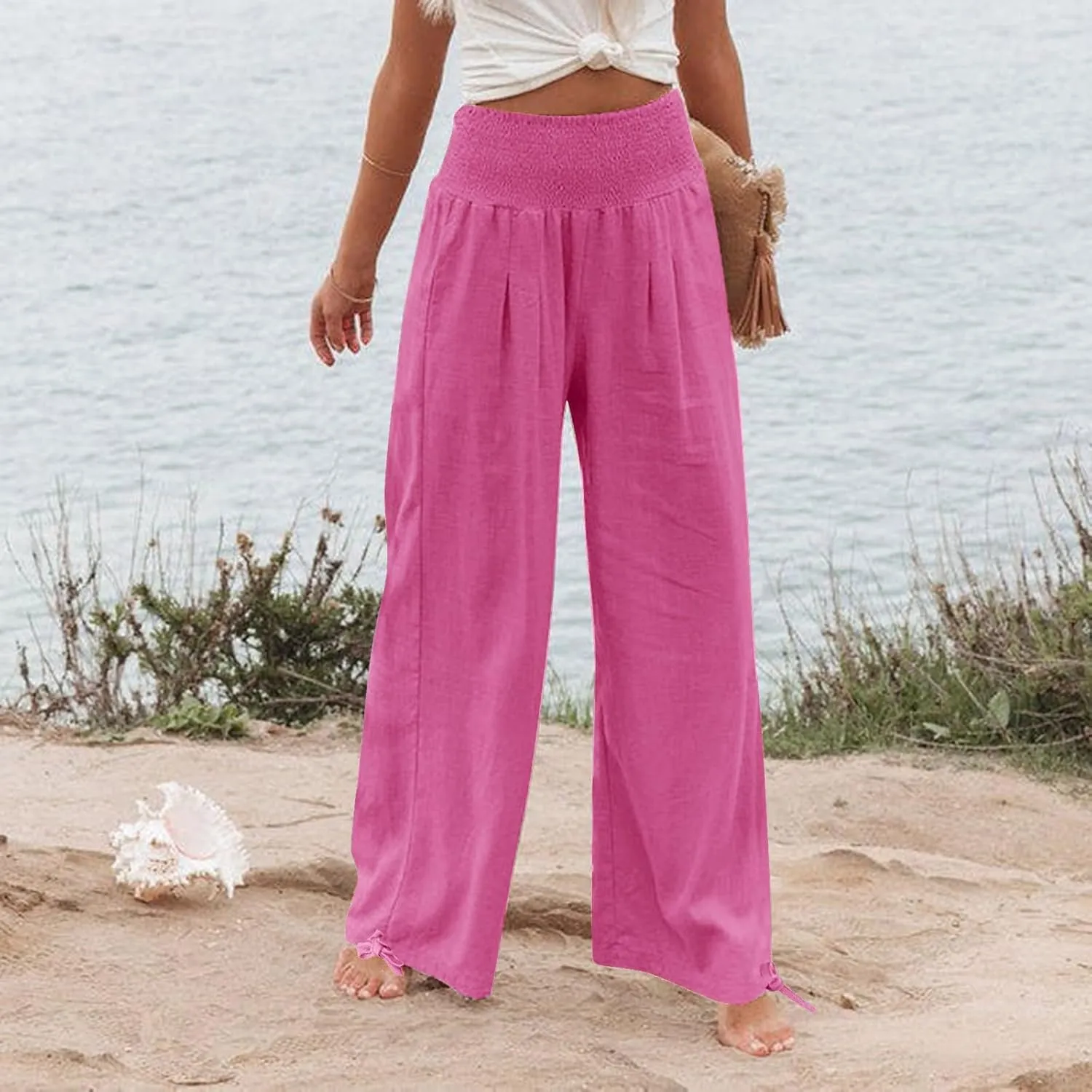 Womens Linen Pants Smocked Waisted Wide Leg Pants Summer Casual Beach Pants Baggy Comfy Yoga Pants with Pockets