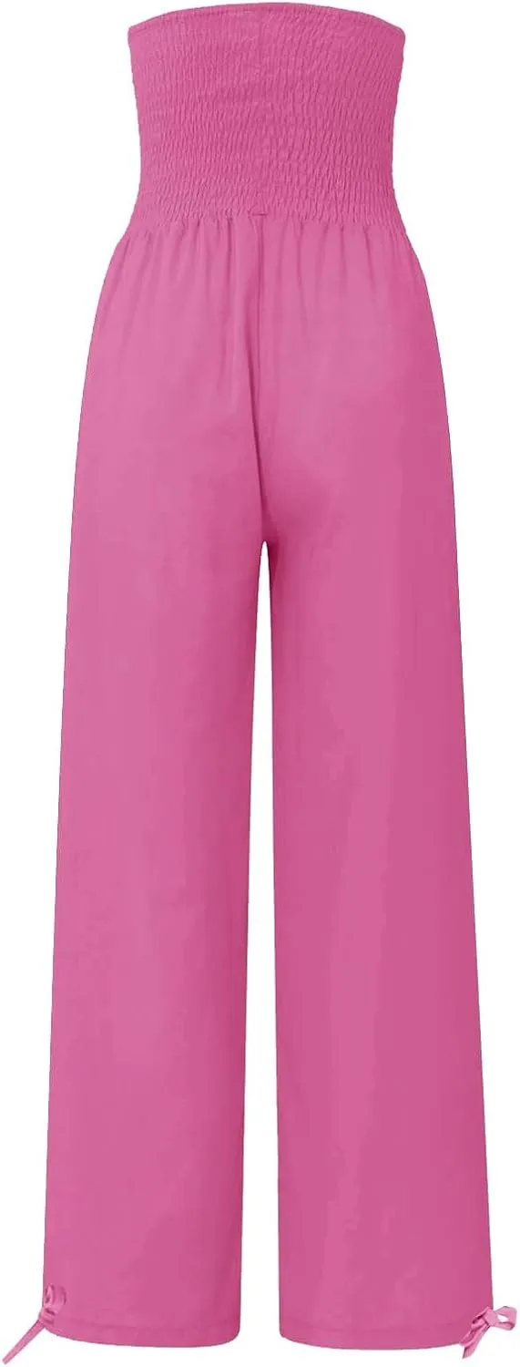 Womens Linen Pants Smocked Waisted Wide Leg Pants Summer Casual Beach Pants Baggy Comfy Yoga Pants with Pockets