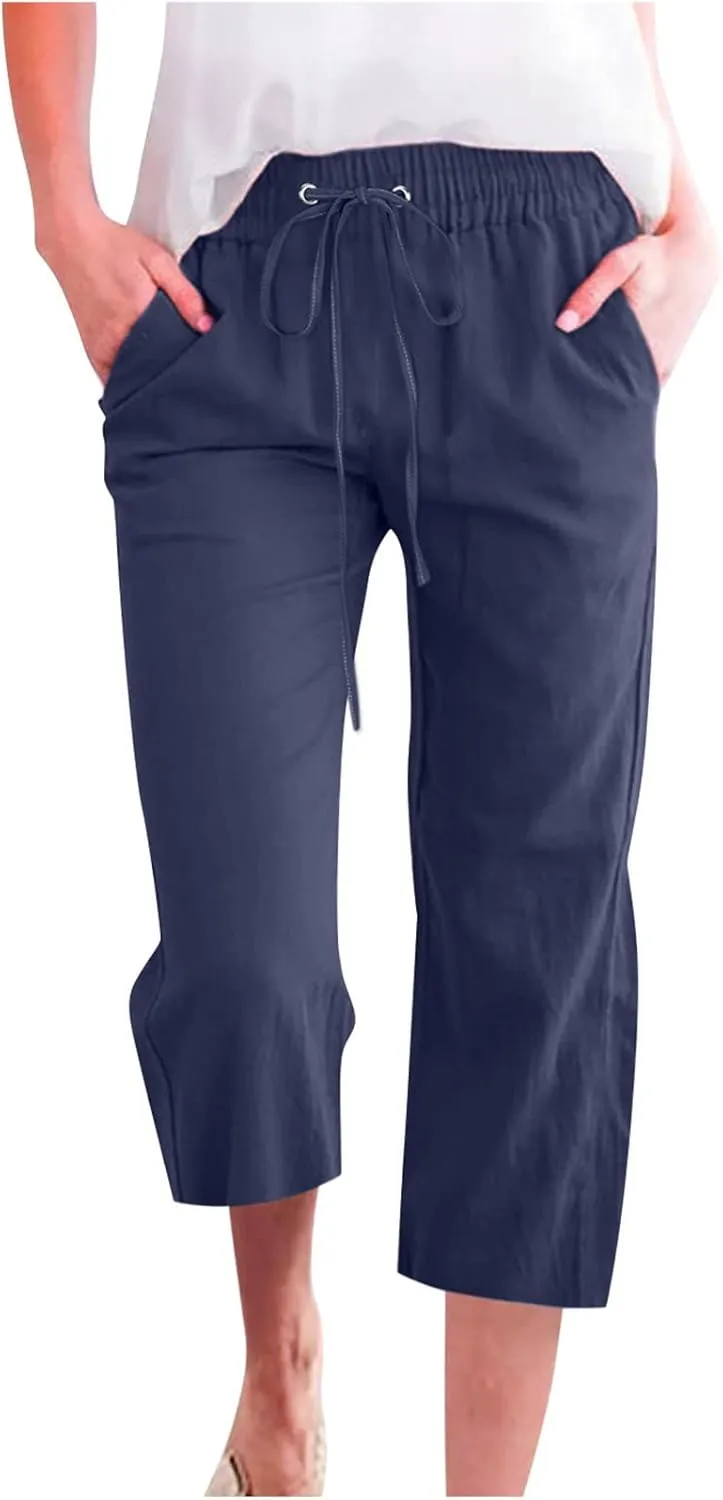 Womens Linen Pants with Pockets Palazzo Pants Casual Loose Lounge Pants Straight Leg Comfy Trousers Boho Beach Pants