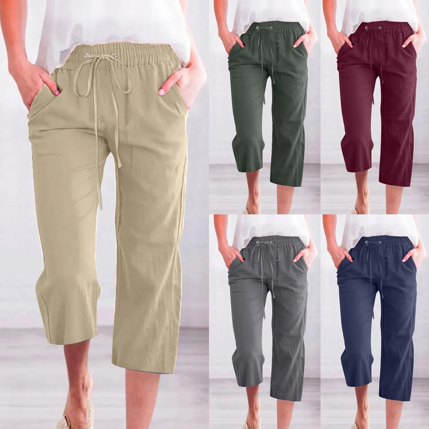 Womens Linen Pants with Pockets Palazzo Pants Casual Loose Lounge Pants Straight Leg Comfy Trousers Boho Beach Pants