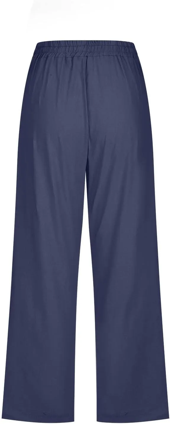 Womens Linen Pants with Pockets Palazzo Pants Casual Loose Lounge Pants Straight Leg Comfy Trousers Boho Beach Pants