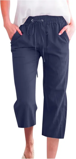 Womens Linen Pants with Pockets Palazzo Pants Casual Loose Lounge Pants Straight Leg Comfy Trousers Boho Beach Pants