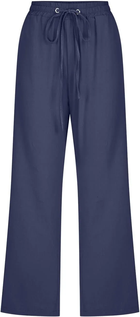 Womens Linen Pants with Pockets Palazzo Pants Casual Loose Lounge Pants Straight Leg Comfy Trousers Boho Beach Pants