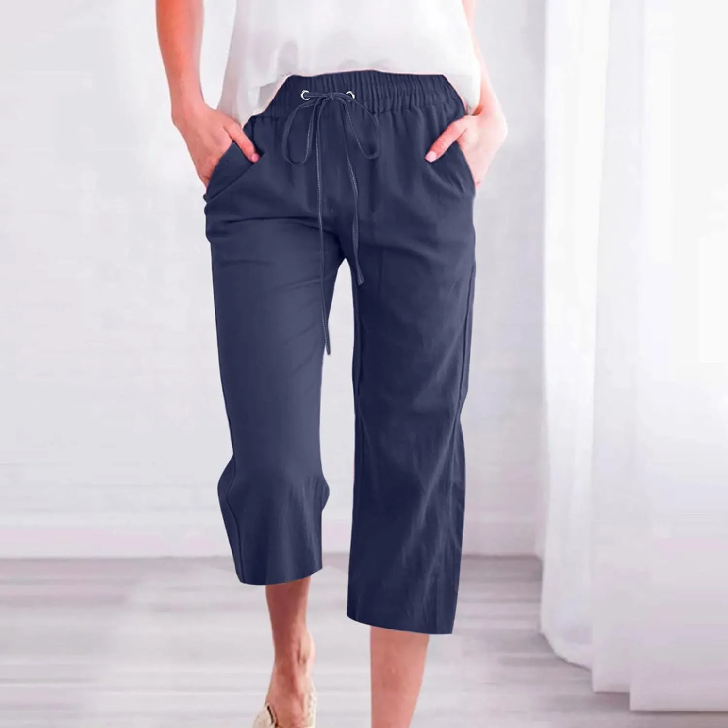 Womens Linen Pants with Pockets Palazzo Pants Casual Loose Lounge Pants Straight Leg Comfy Trousers Boho Beach Pants
