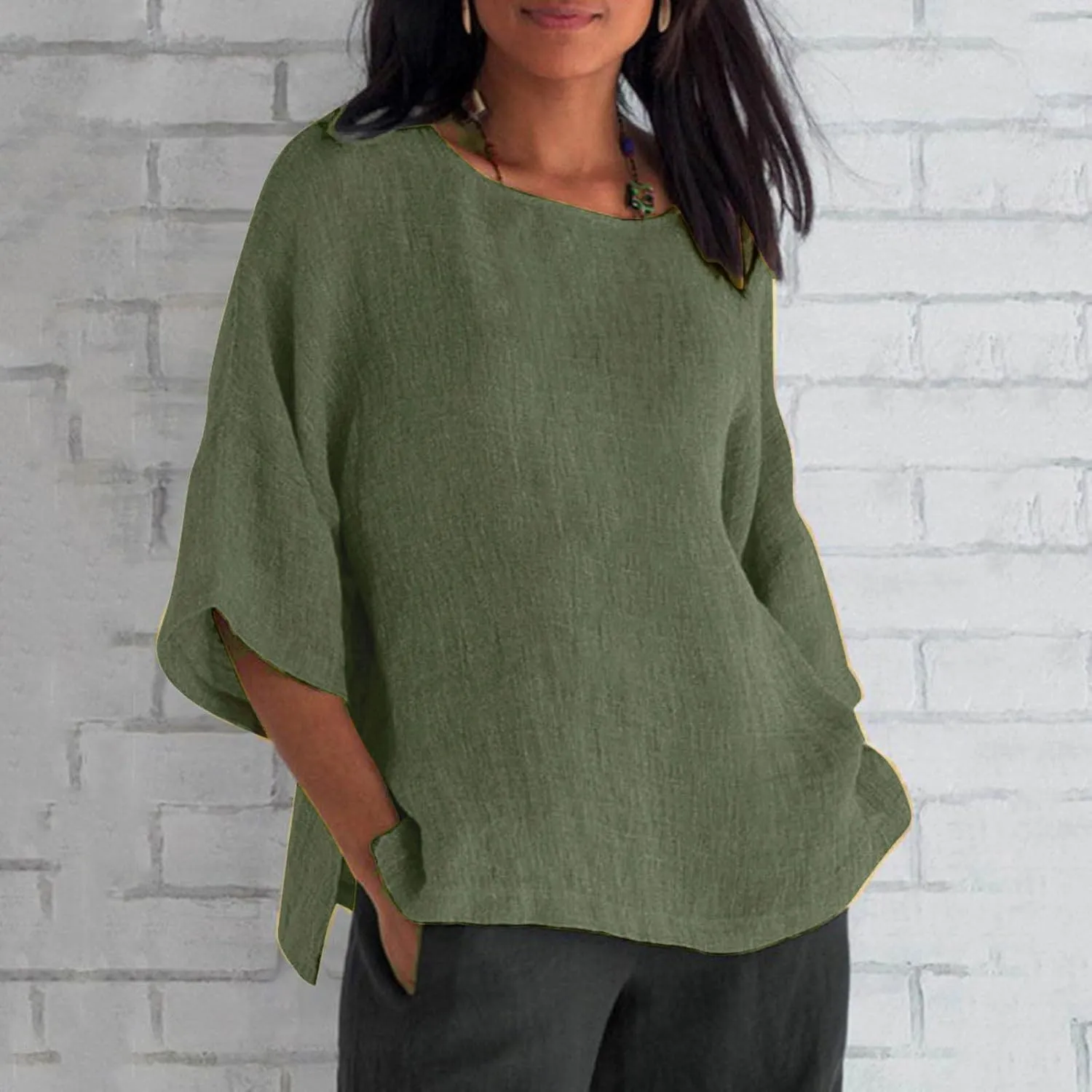 Womens Linen Shirts Crew Neck Short Sleeve Casual Blouses Side Split Summer Tops for Women Beach Tshirts