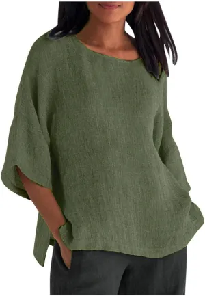 Womens Linen Shirts Crew Neck Short Sleeve Casual Blouses Side Split Summer Tops for Women Beach Tshirts