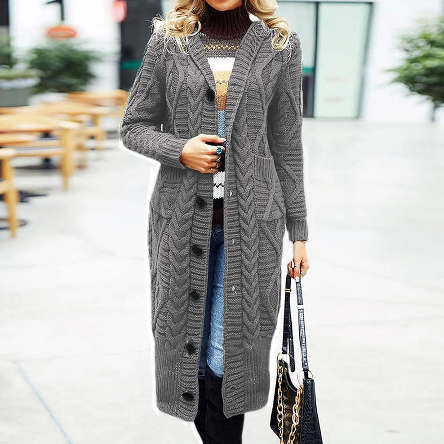 Women's Long Cardigan Chunky Cable Knit Sweater Hooded Coat Open Front Button Down Coatigan Oversized Cardigans